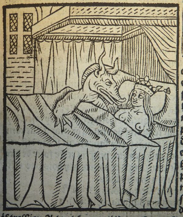Woodcut illustration of the conception of Alexander from Alixandre le grant, printed in Paris by Michel Le Noir ca. 1507-1520