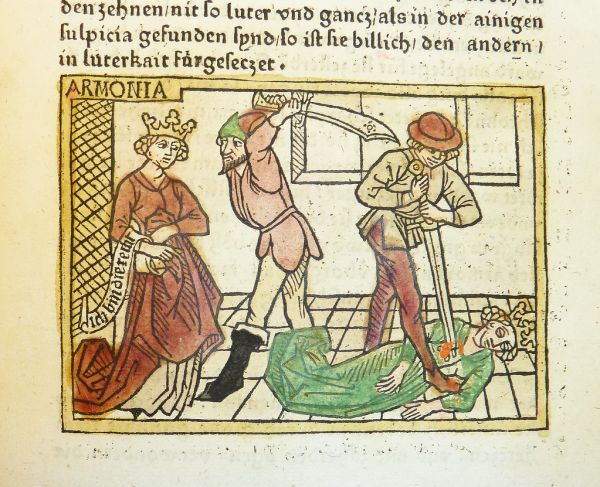 Woodcut illustration of the death of Harmonia of Syracuse and her body double