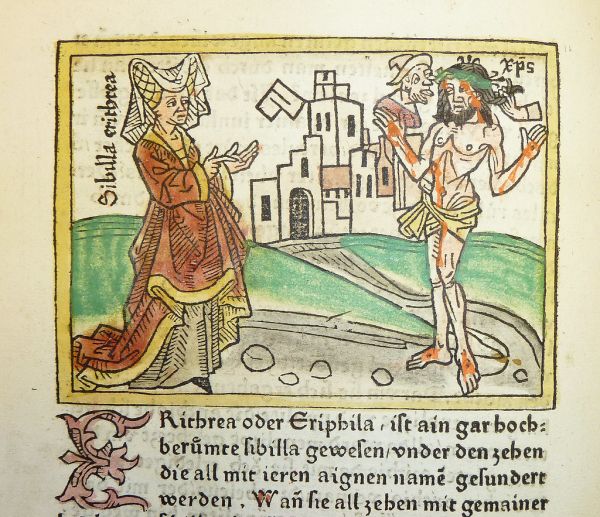 Woodcut illustration of the Erythraean sibyl and Christ