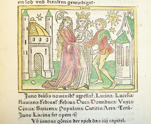 Woodcut illustration of the goddess Juno as patron of marriage