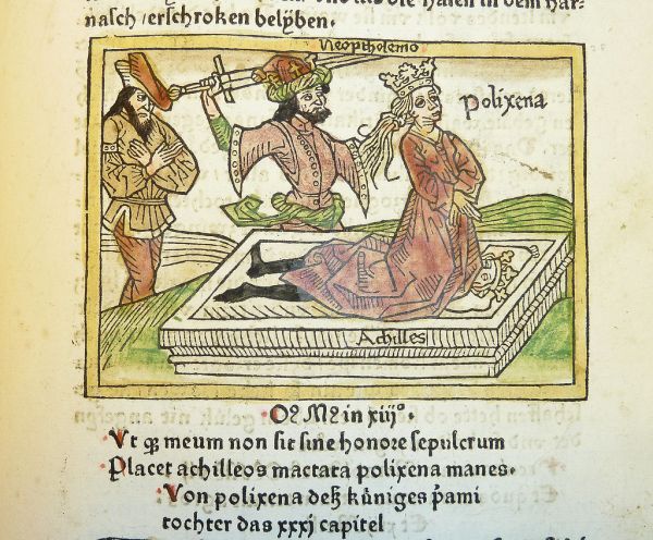Woodcut illustration of the sacrifice of Polyxena by Neoptolemus at the tomb of Achilles