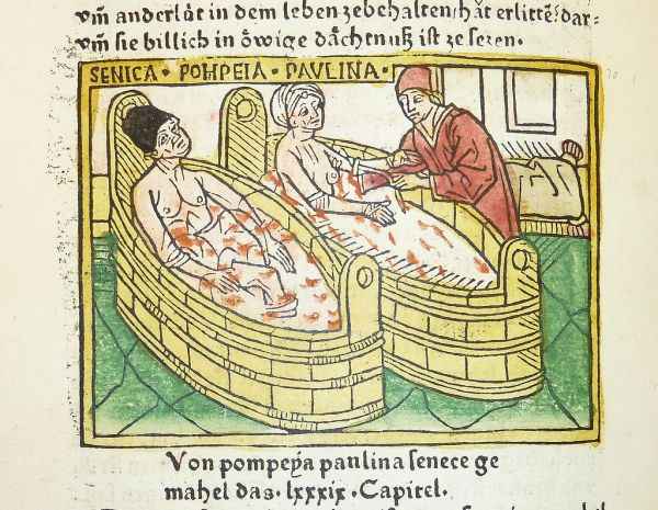 Woodcut illustration of the suicide of Seneca and the attempted suicide of his wife Pompeia Paulina