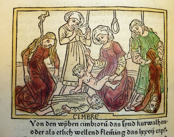Woodcut illustration of the wives of the Cimbrians