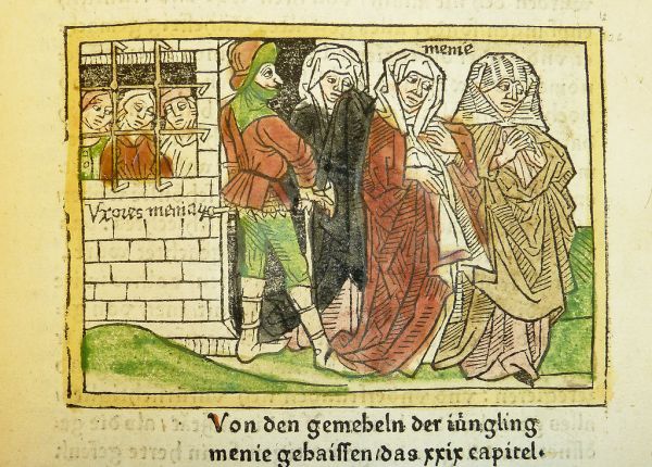 Woodcut illustration of the wives of the Minyans enabling their husbands' escape from prison