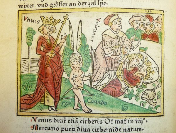 Woodcut illustration of Venus and Cupid, with Vulcan chaining Venus and Mars while Dis looks on in the background