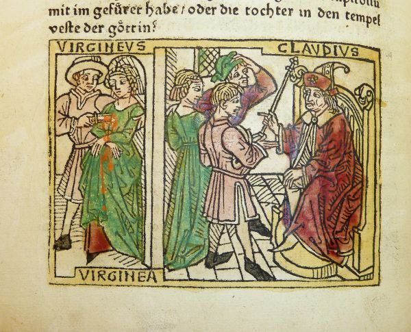Woodcut illustration of Verginia's trial before Appius Claudius and her death at the hand of her father Verginius