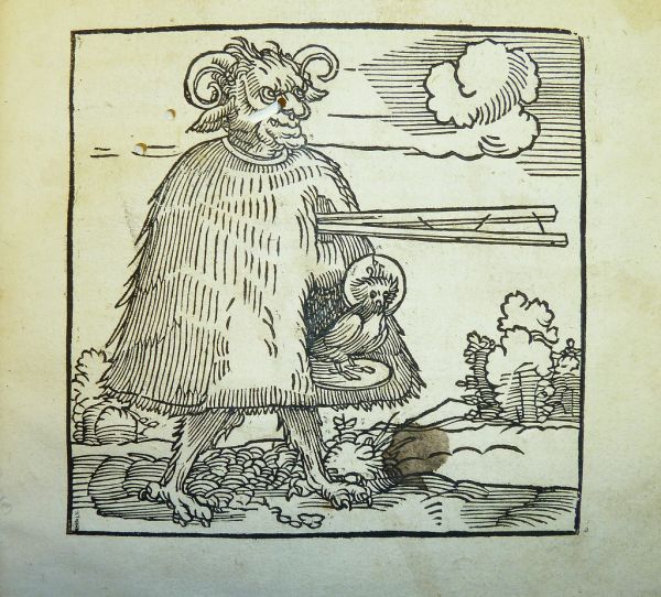 Woodcut illustration (possibly representing the devil as a bird-catcher?) used by Johann Herrgott of Nuremberg