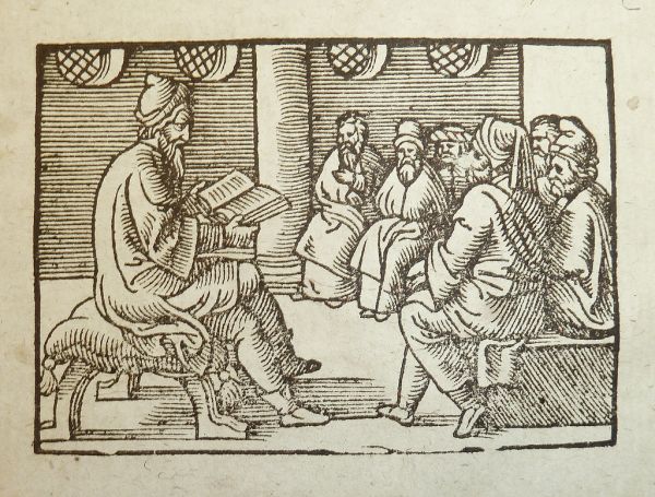 Woodcut illustration (teacher and students) used by Franz Behem of Mainz