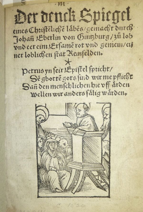 Woodcut of a saint preaching. Used by Pamphilus Gengenbach of Basel.