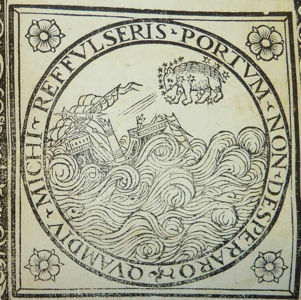 Woodcut of a stormy sea with a ship in difficulty and three dolphins