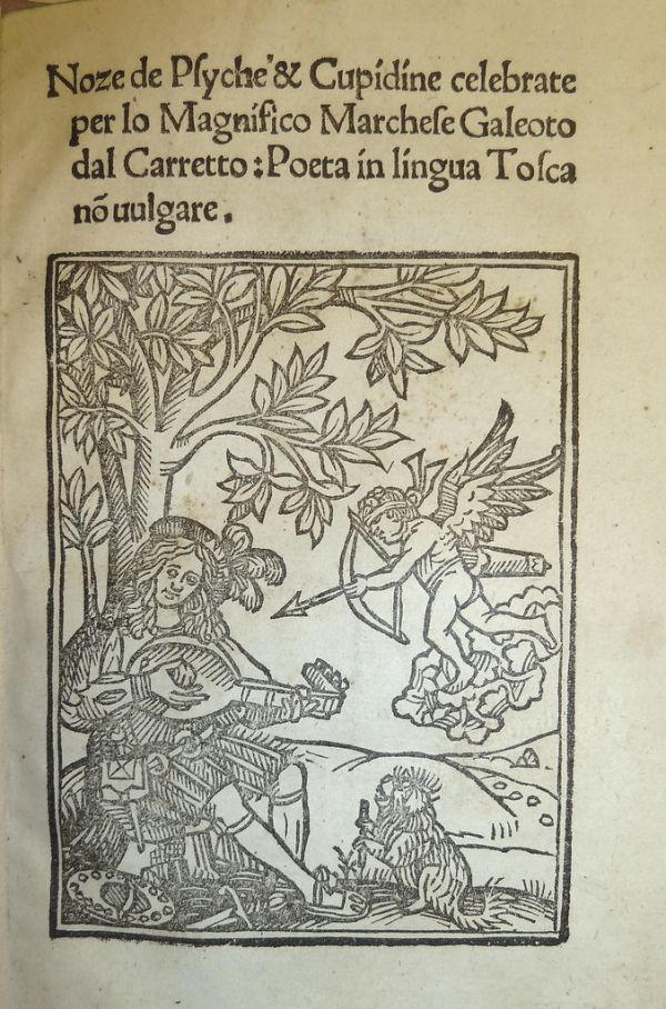 Woodcut of Cupid shooting his arrow towards a young man playing a lute