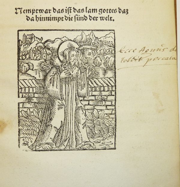 Woodcut of Jesus Christ as the Good Shepherd (with ms. note: 'Ecce Agnus de[i] tollit peccata'); used by Melchior Ramminger of Augsburg