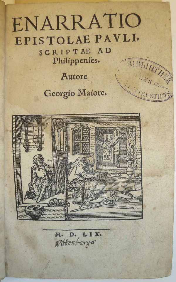 Woodcut of St. Paul at his writing table; used by Hans Lufft of Wittenberg