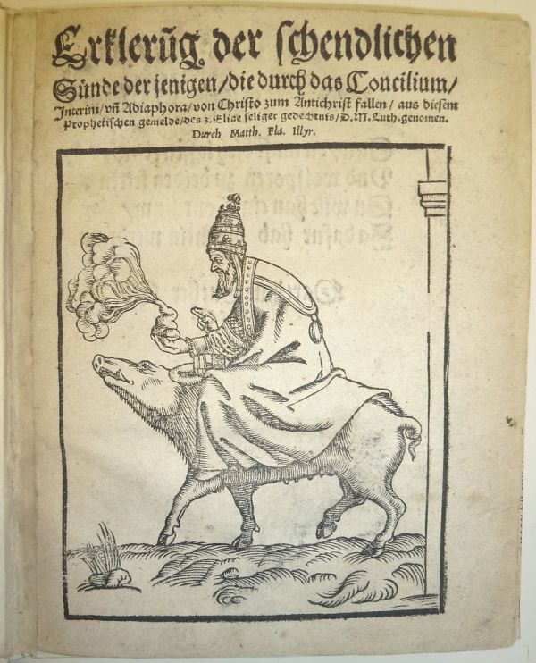 Woodcut ('Sauritt des Papsts') after Lucas Cranach the Elder, used by Christian Rödinger the Elder of Magdeburg, of the pope riding a sow, holding steaming excrement