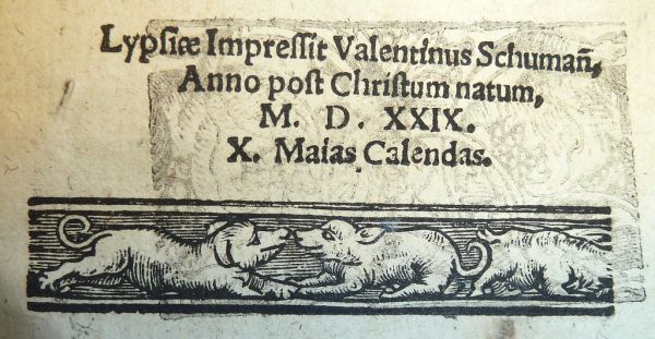 Woodcut tail-piece with pigs. Used by Valentin Schumann of Leipzig