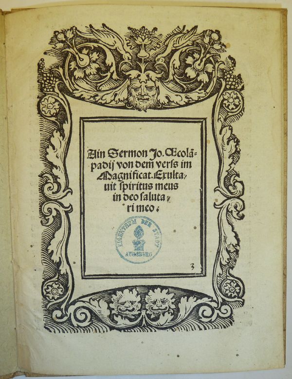 Woodcut title border attributed to Hans Weiditz and used by Siegmund Grimm and Marx Wirsung of Augsburg; stamp of the city of Augsburg