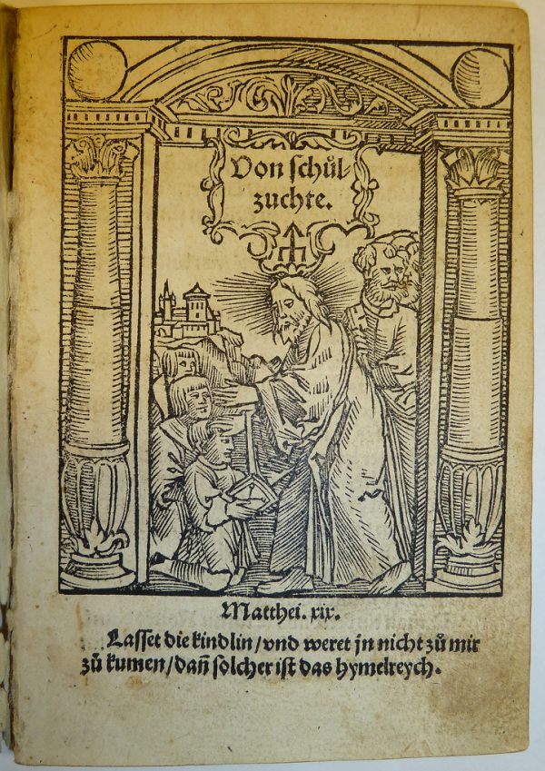 Woodcut title illustration depicting Jesus Christ blessing the children while his disciples look on within an architectural border; used by Georg Wachter of Nuremberg