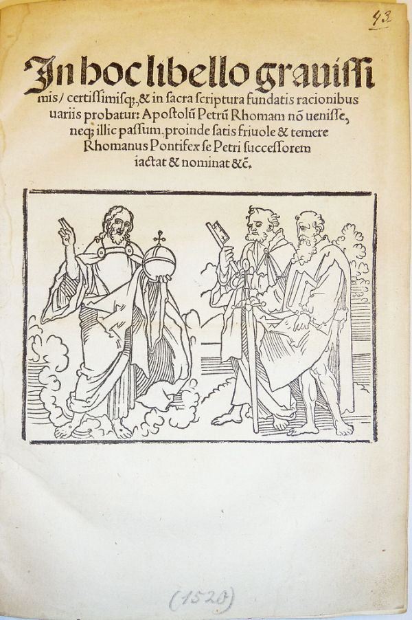 Woodcut title illustration (Jesus Christ with Saints Peter and Paul) by Hans Sebald Beham. Used by Silvan Otmar of Augsburg