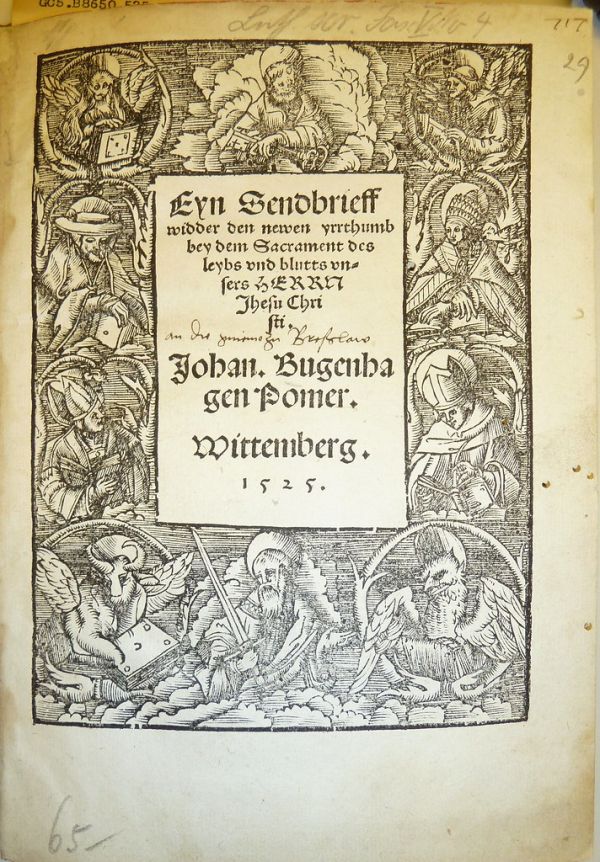 Woodcut t.p. border with Peter and Paul, the 4 Evangelists and the four Latin fathers (Pope St. Gregory, St. Jerome, St. Ambrose and St. Augustine) attributed to Heinrich Satrapitanus, i.e. Heinrich V...