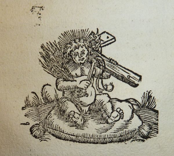 Woodcut vignette of the Christ Child with the instruments of the Passion. Used by Melchior Ramminger of Augsburg.