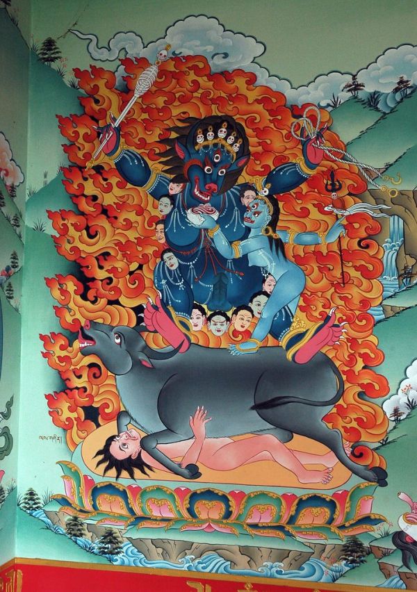 Yamāntaka riding an buffalo (Sanskrit: यमान्तक Yamāntaka; Tibetan: Shinjeshe, གཤིན་རྗེ་གཤེད་, རྡོ་རྗེ་འཇིགས་བྱེད།, gshin rje gshed; rdo rje 'jigs byed) a Mahayana Yidam, holding skeleton wand & noose,...
