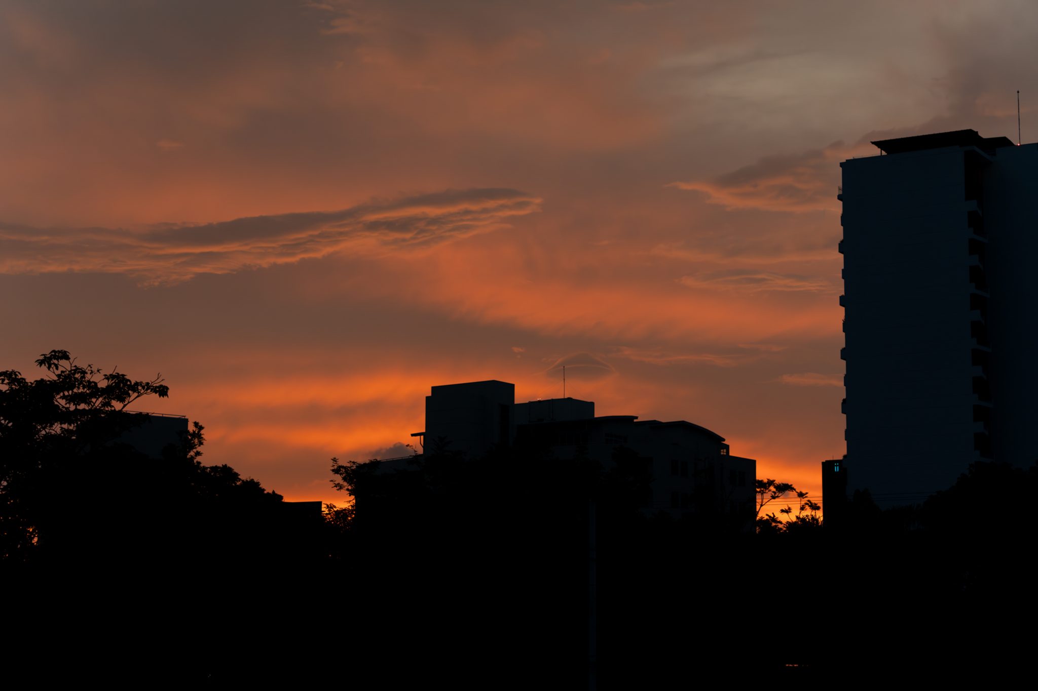 An orange sunset sky with soft clouds glowing above dark silhouettes of buildings and trees. A tall building stands on the right side, while the city skyline appears mostly in shadow against the brigh...