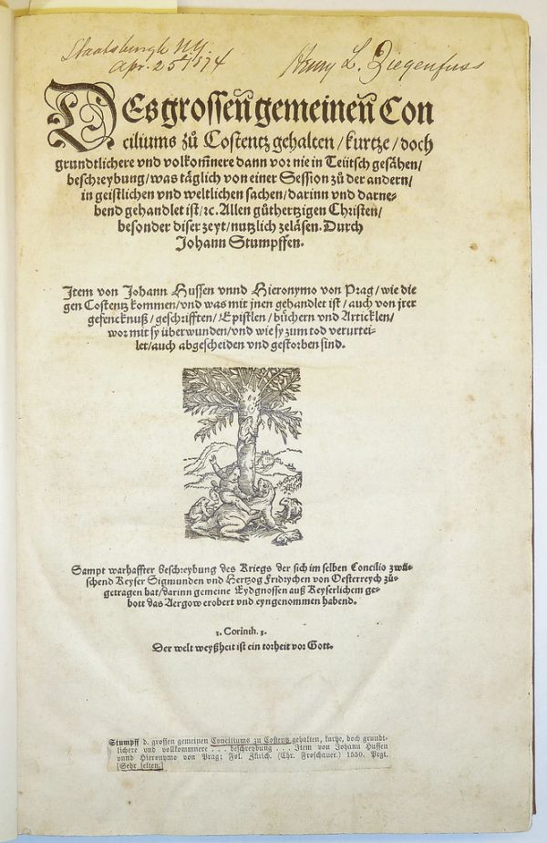 Autograph of Henry Lafayette Ziegenfuss (1844-1894); woodcut printer's device of Christoph Froschauer of Zurich