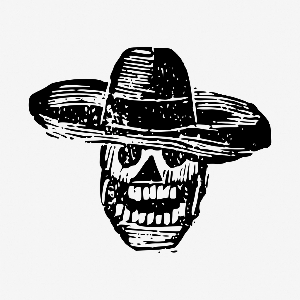 Mexican sombrero skull hand drawn