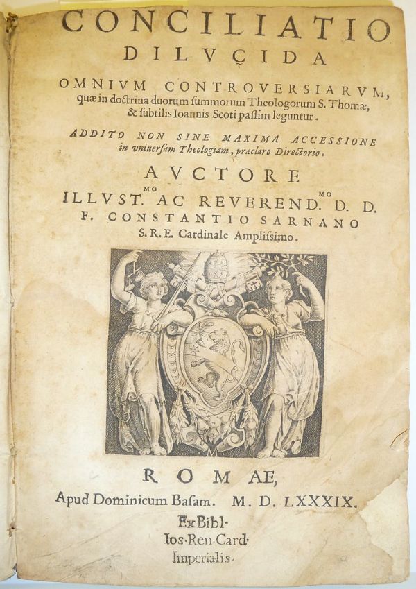 Title page vignette with coat of arms of Pope Sixtus V and the ownership stamp of Cardinal Giuseppe Renato Imperiali (1651-1737)