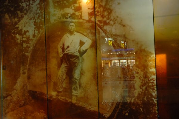 transparent lumberjack at Seattle Airport