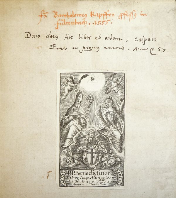 Two sixteenth-century ms. ownership inscriptions (Bartholomeus Kapffer and Casparus [Illegible]); bookplate of the Benedictine abbey of Saints Ulrich and Afra, Augsburg, Germany