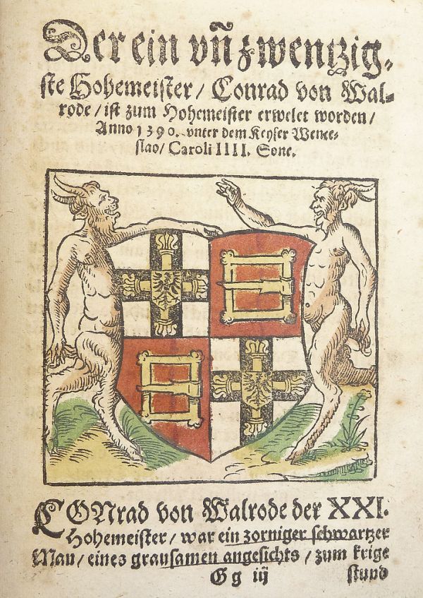 Woodcut arms of Konrad Wallenrod (hand-colored) used by Georg Osterberger of Königsberg [i.e. Kaliningrad]