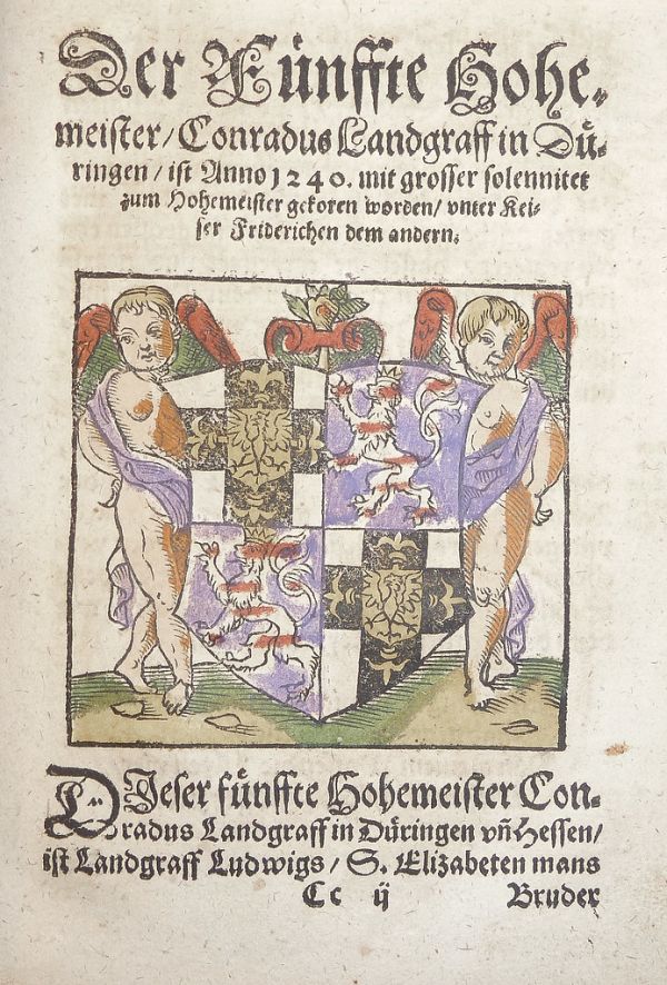 Woodcut arms of Landgraf Konrad von Thüringen (hand-colored) used by Georg Osterberger of Königsberg [i.e. Kaliningrad]