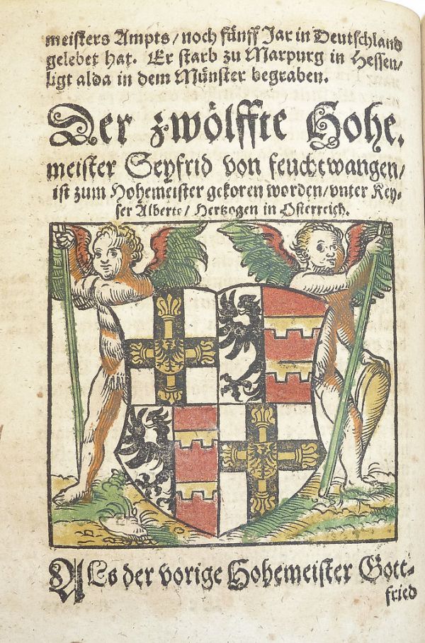 Woodcut arms of Siegfried von Feuchtwangen (hand-colored) used by Georg Osterberger of Königsberg [i.e. Kaliningrad]