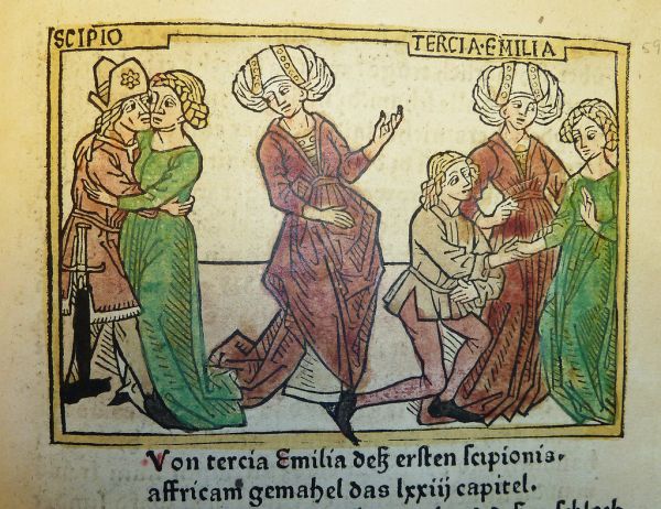 Woodcut illustration of Aemilia Tertia (or Aemilia Paulla), wife of Scipio Africanus