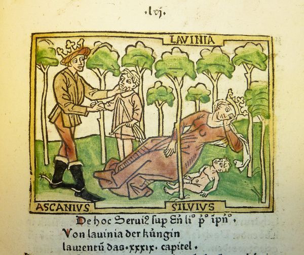 Woodcut illustration of Ascanius greeting his stepbrother Silvius (left) and Lavinia with her newborn son Silvius (right)