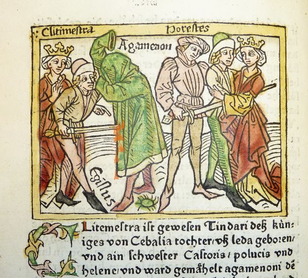 Woodcut illustration of Clytemnestra and Aegisthus murdering Agamemnon and their subsequent deaths at the hand of Orestes