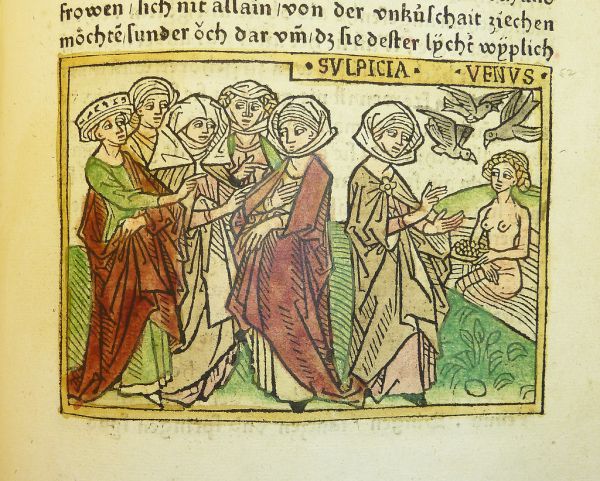 Woodcut illustration of Sulpicia, wife of Quintus Fulvius Flaccus, and the goddess Venus
