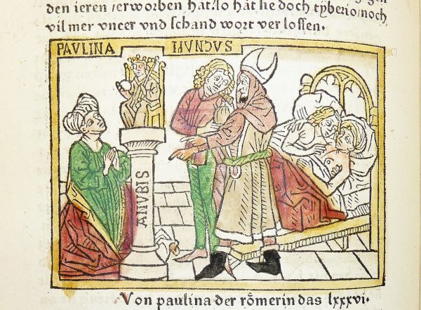 Woodcut illustration of the story of Paulina and Decius Mundus from Josephus's Jewish Antiquities